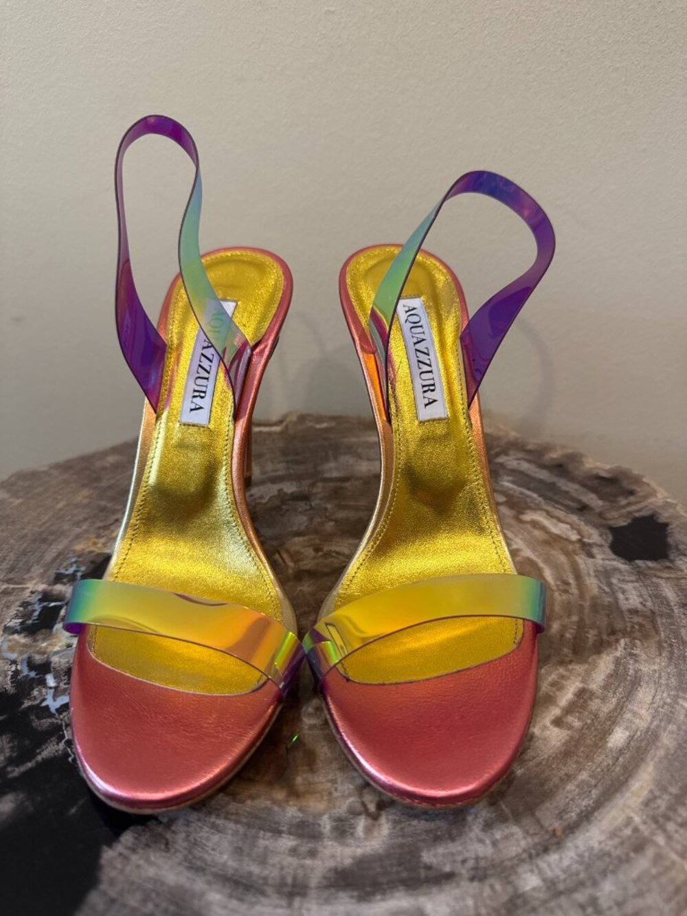 Aquazzura So Nude Plexi 105 Iridescent Mirror PVC Slingback Sandals 37